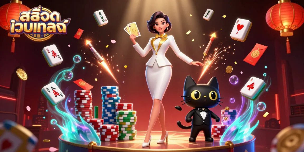 Experience winning strategies at สล็อตเว็บตรงแท้ with a glamorous casino illustration featuring captivating characters, cards, and festive decorations.