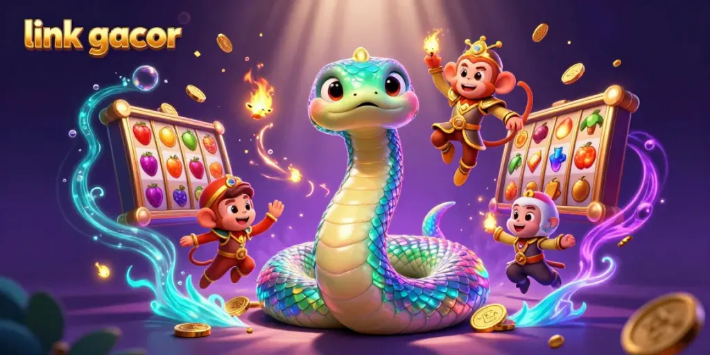 Experience the thrilling action of “link gacor” with a vibrant 3D casino scene featuring a rainbow serpent, jackpot slots, and more.