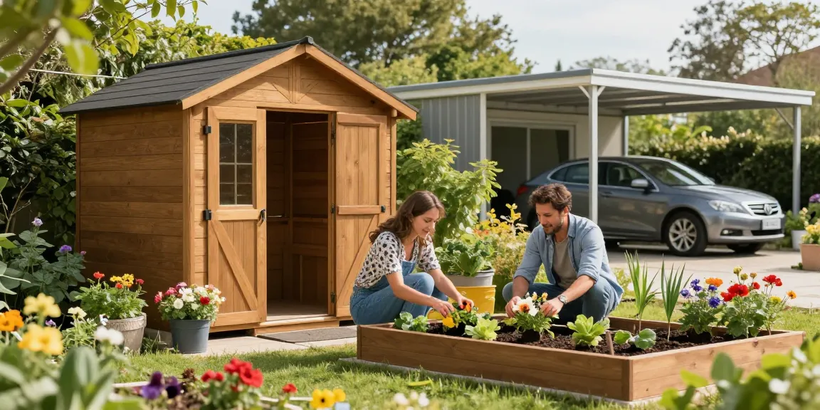 Gartenhaus kaufen: Stilvolles Holz-Gartenhaus in blühendem Garten mit engagierten Gärtnern.