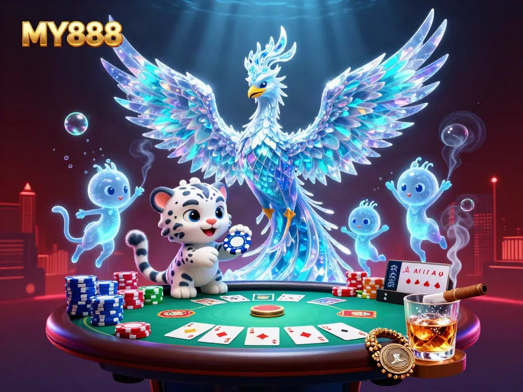 Engage with MY888's thrilling gambling universe featuring vivid 3D characters and dynamic poker elements.