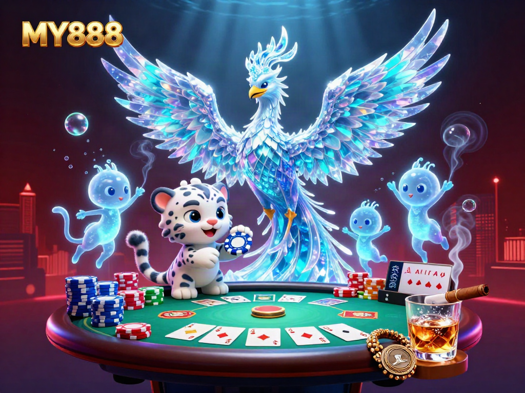 Engage with MY888's thrilling gambling universe featuring vivid 3D characters and dynamic poker elements.