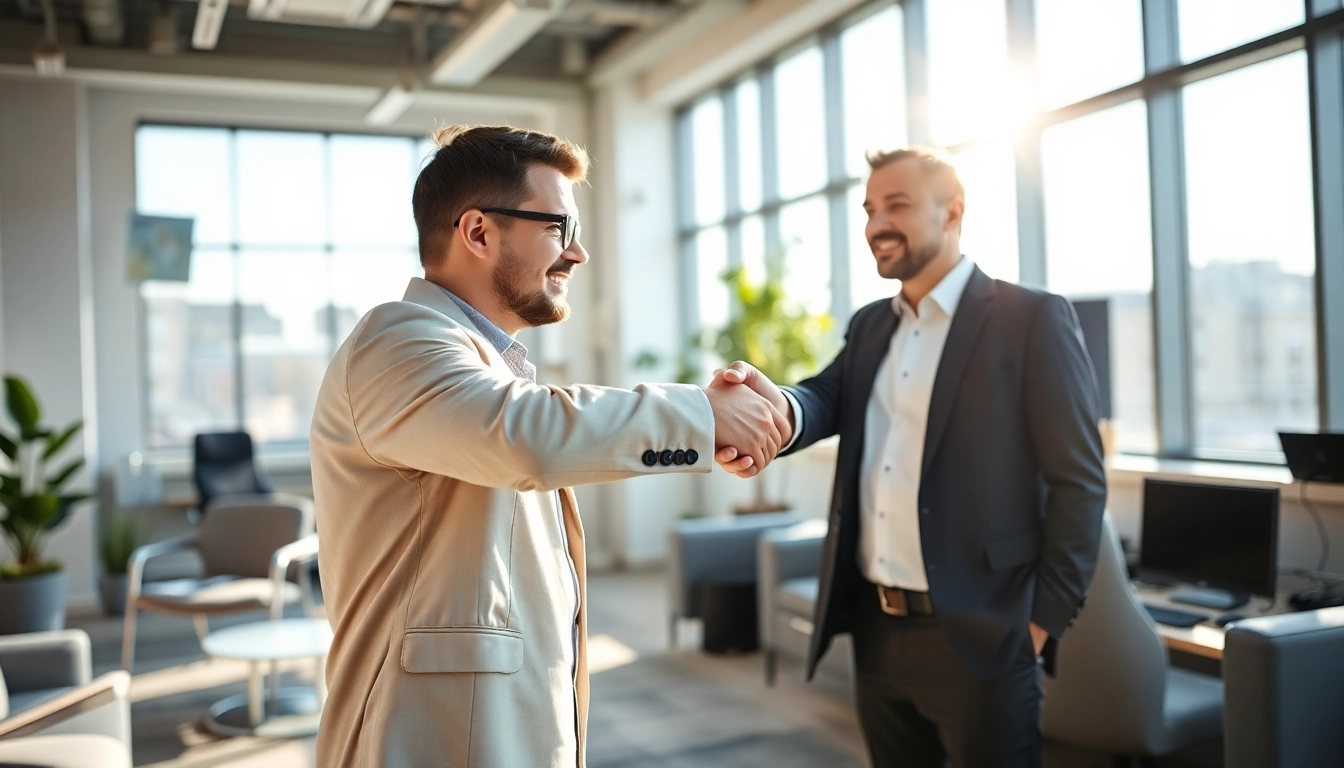 Headhunter IT shaking hands with a candidate in a bright, modern office environment.