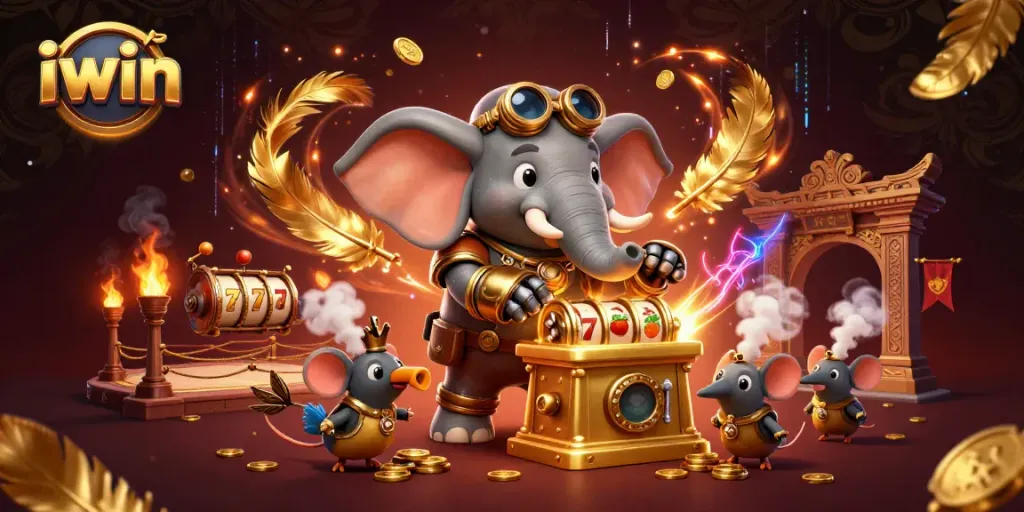 Spin the iwin slot machine with a steampunk elephant engineer amid vibrant casino action.