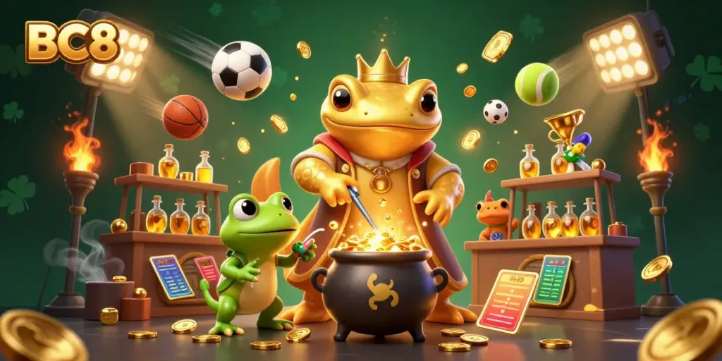 Experience the excitement of BC8 with golden gaming elements and cartoon characters in a vibrant scene.
