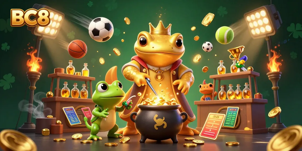 Experience the excitement of BC8 with golden gaming elements and cartoon characters in a vibrant scene.