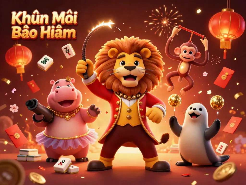 Experience Khuyến Mãi Bảo Hiểm with an energetic celebration featuring casino-themed characters and festive elements.