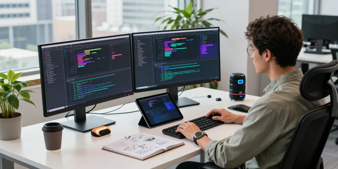 FAFA828 inspired tech workspace where a developer codes on sleek monitors, showcasing an innovative software environment.