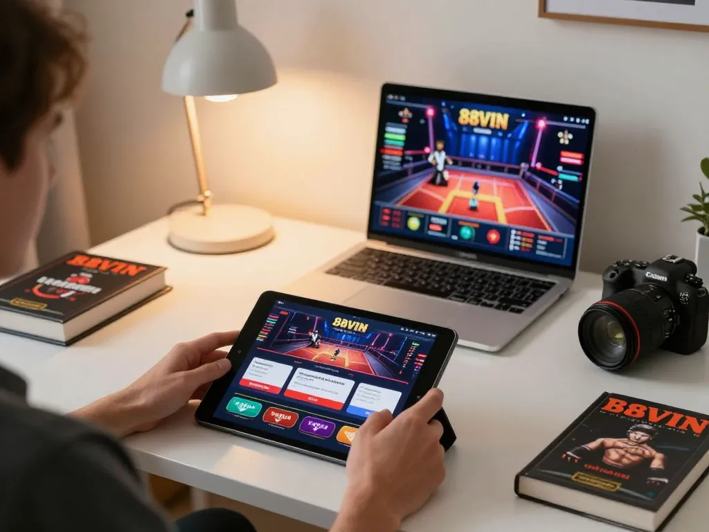 88VIN gaming enthusiast strategizing with a tablet at home, showcasing engaging casino app interface