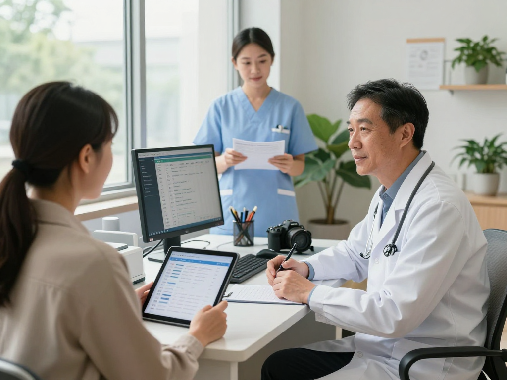 Effiziente Arztpraxis im Gesundheitswesen Arzt mit digitaler Patienteninfo und barrierefreier Beratung.