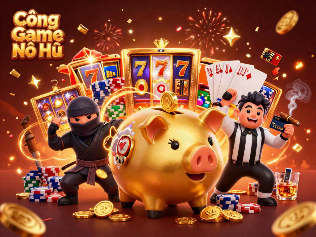 Engage with Cổng Game Nổ Hũ, featuring a dynamic scene of a golden piggy bank sumo wrestler, wallet-ninja, and samurai amidst thrilling casino elements.