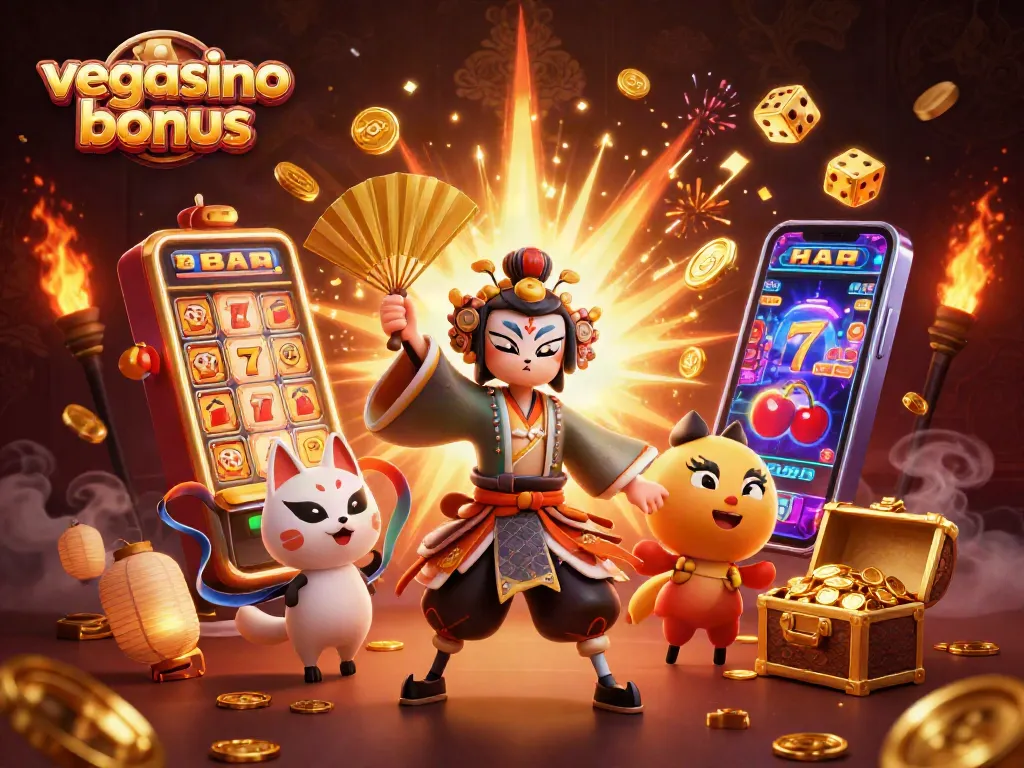 Play and win with the vegasino bonus featuring colorful characters and casino elements.