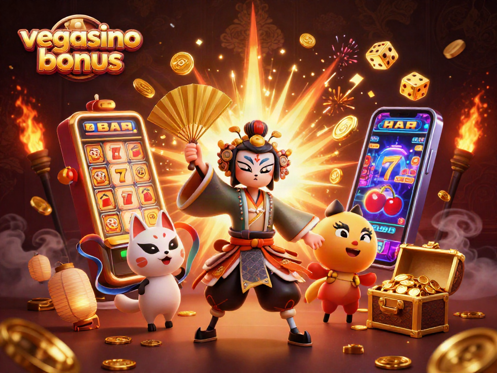 Play and win with the vegasino bonus featuring colorful characters and casino elements.