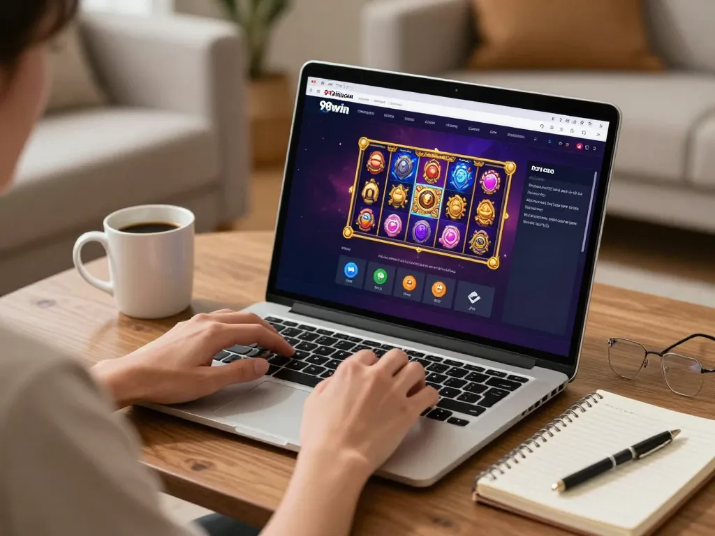 Engaging in online gaming at 98win com with vibrant slot game screen setup in a cozy home.