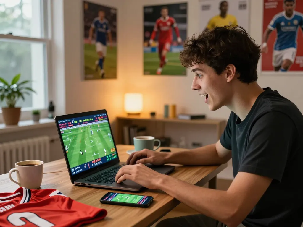 Engaging Judi Bola betting scene in a lively home study with sports paraphernalia.