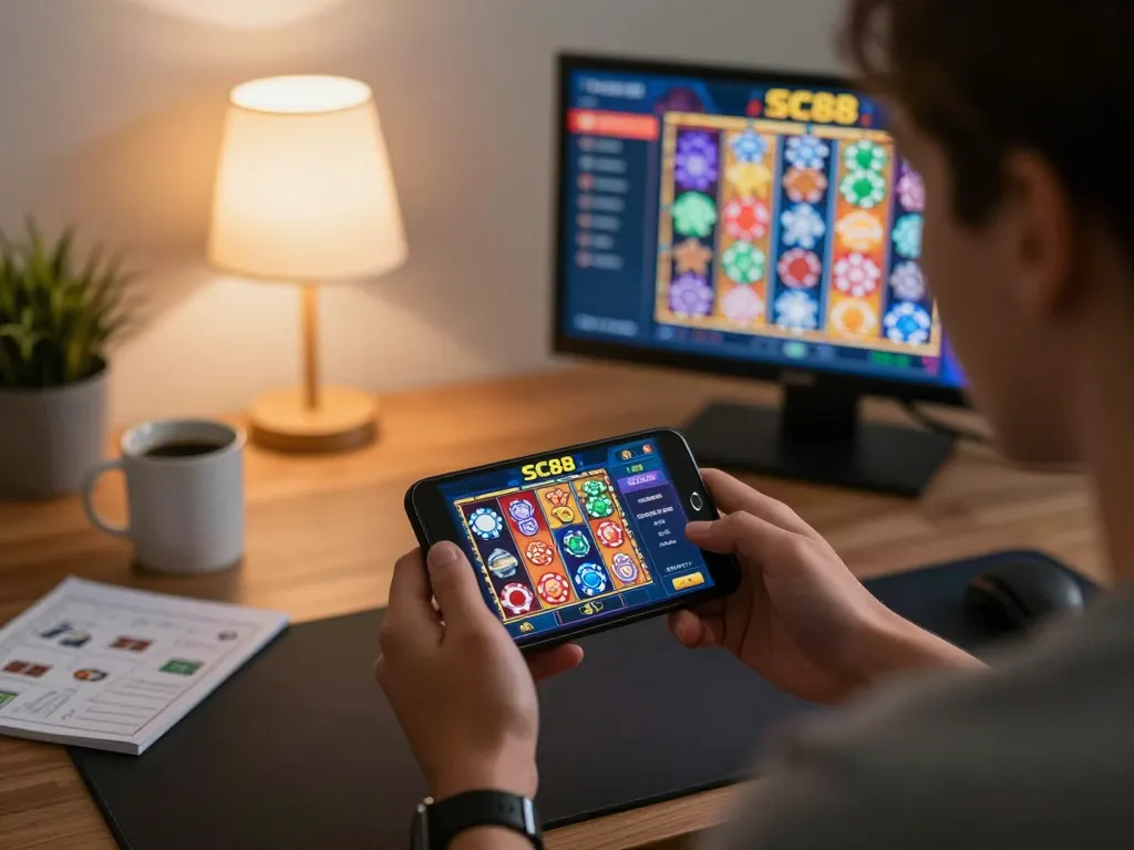 Enjoy thrilling gameplay on the SC88 app in a cozy home setting with strategic gaming notes.