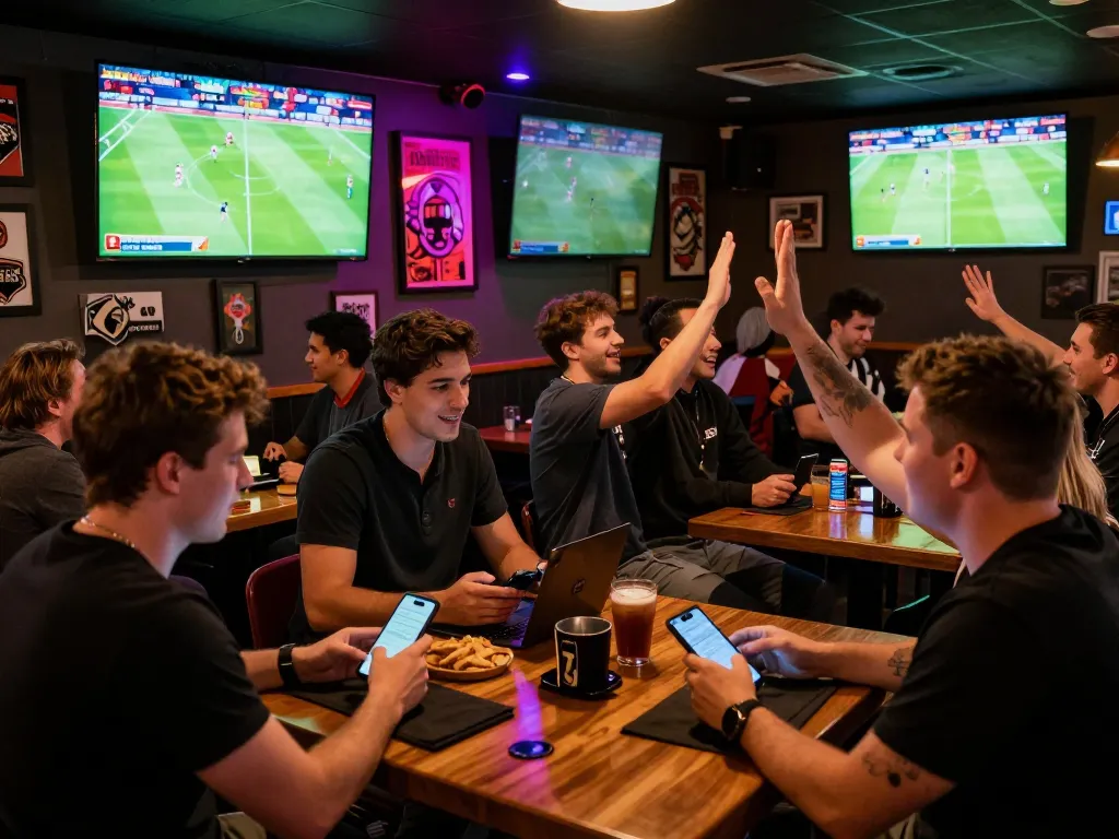 Engaged bettors placing wagers on link go8 while watching Bundesliga games in a lively sports bar.