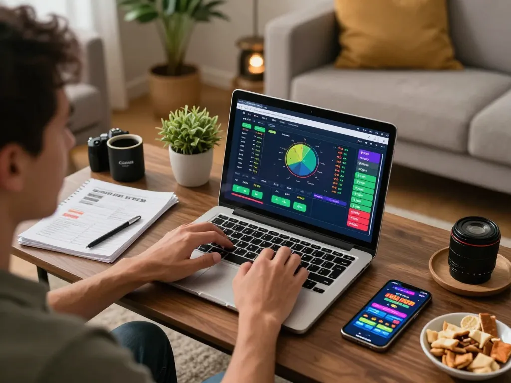 Placing bets on LC88 Đăng nhập while enjoying a stylish online sports betting setup in a cozy living room.