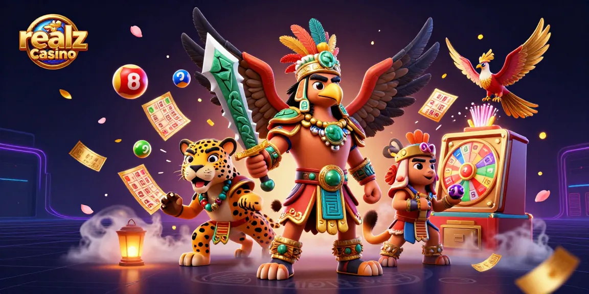 Engage with realz casino featuring a dynamic 3D scene of ancient warriors, lottery elements, and vibrant gaming symbols.