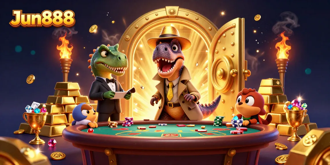 Experience thrilling gameplay at Jun888 with a velociraptor card counter sneaking chips at a lively casino scene.